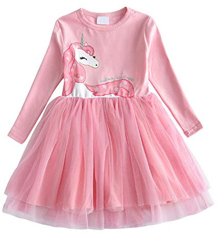 DXTON Le Ragazze Vestono Abiti da Festa Casual a Maniche Lunghe in Tulle con Principessa Unicorno RosaLh4570 6T