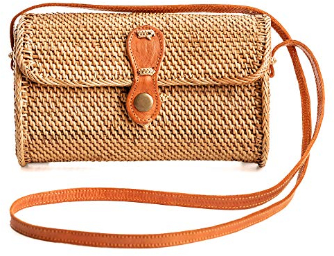Novum Crafts Runde Rattan-Tasche für Damen – handgefertigte Ata Flechtbörse – Kreis, quadratisch, oval, brauner Stroh-Boho-Tasche, 8” x 3 (20,3 cm x 7,6 cm)