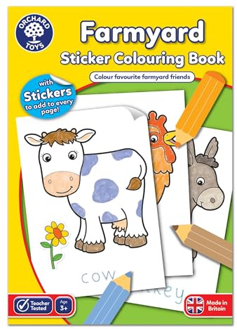 Orchard Toys Farmyard Sticker Colouring Book, Educational Colouring Book, Includes Stickers, Colour and Write Farmyard Animals, Age 3 Years +