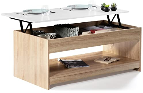 IDMarket - Table Basse Plateau relevable rectangulaire SOA Bois Imitation hêtre Plateau Blanc