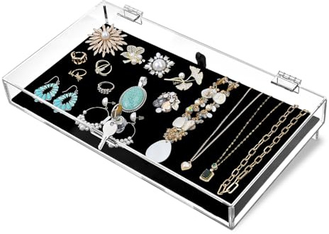 MOOCA Acrylic Rectangular Marketing Holder Locking Security Showcase Safe Box Display Tray Perfect for Watches Jewelry Collector Knives with a Key and a Black Padding, 1) Regular W/Velvet Pad, 14