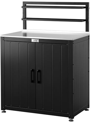 FEASTO Table de Rempotage avec Armoires et 2 Étagères Amovibles, 80x45cm | Table de plantation avec base réglable, Plateau en acier inox, Convient pour jardin, terrasse, Design avec bord saillant