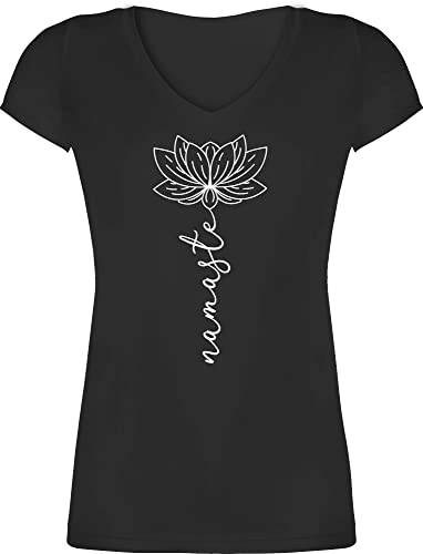 T-Shirt Damen V Ausschnitt - und Wellness Geschenk - Namaste Lotusblüte Yoga Chakra - M - Schwarz - yogashirth yogashirt Meditation Joga Tshirt yogashirts yogashirtsdamen spirituelle Blume