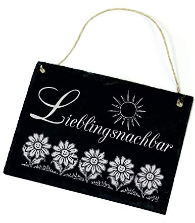 Schiefertafel Lieblingsnachbar - Schild Blumen Sonne - 22 x 16 cm