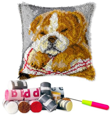 DL-YTG Latch Hook Kits Pillow Dog Crochet Yarn Cushion Colour Pre-Printed Canvas Rug Needlework DIY Pillowcase Hook and Latch Kit Christmas Home Arts Crafts Sofa Decoration 42x42cm/16X16inch