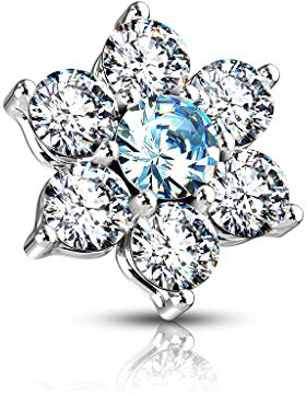 Paula & Fritz® Aufsatz-Dermal Anchor Blume Zirkonia Silber-klar-hellblau 316L Chirurgenstahl 1,6-mm Gewinde Haut-Anker Skin Diver Implantat