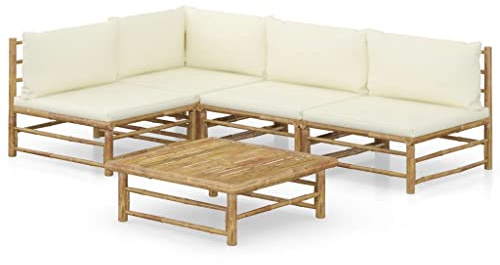 vidaXL Gartenmöbel 5-TLG. mit Cremeweißen Kissen Garten Garnitur Sitzgruppe Sofa Gartensofa Lounge Sitzgarnitur Gartenset Ecksofa Mittelsofa Bambus
