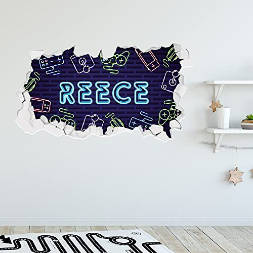 Gaming Wall Sticker Neon Personalised Name Broken Wall Decal Home Art Bedroom Mural (90cm Width x 45cm Height)
