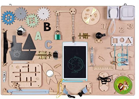 3toysm MIA Tableau d'activité sensoriel Montessori Busy Board en Bois Naturel Transports 75 cm