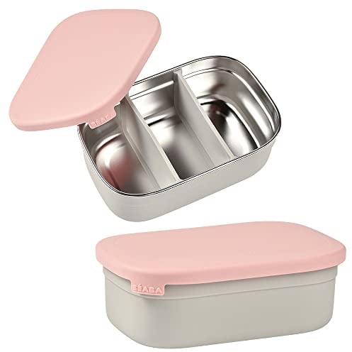 BÉABA, Lunchbox para niños, fiambrera, Bento, fiambrera en acero inoxidable, a prueva de fugas, con compartimentos, funda de silicona, 760mL, gris/rosa