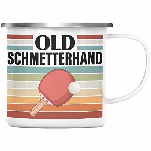 Trendation - Tischtennis Schmetterhand Emaille Tasse Geschenk Tischtennisspieler Geschenkidee Lustig für Männer Tischtennis Zubehör (Silber)