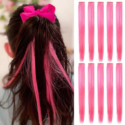 XIRRWWH 9 Stücke 21 Inch Farbe Haarverlängerung Clip in, Bunte Haarsträhnen Haarteile Heat Resistant Gerade Multicolor Haarzubehör für Mädchen (Rosa)
