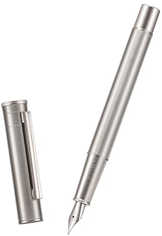Hongdian Silver Stainless Steel Fountain Pen, Extra Fine Nib Modern Design Smooth Writing Pen with Converter and Metal Pen Case Set