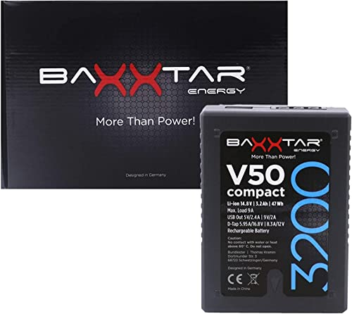 Baxxtar Batterie V-Mount V50 Compact III 47 Wh - LG Cells Inside (3200 mAh) - avec Fonction D-Tap et Batterie Externe (USB) - Dimensions : 7,5 x 3,5 x 10,5 cm (322 g)