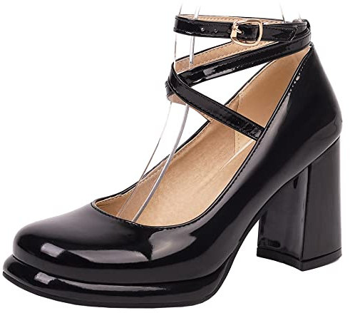 Damen Blockieren Ferse Mary Jane Schuhe, Höhe Ferse Pumpe Runde Zehen Schnalle Kleid Pumps mit Plateau Criss Cross Strap Mode Jvnvuj Schwarz Gr 41 EU