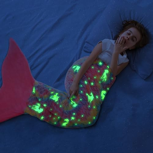 Catalonia Classy Coperta a coda Glow in the Dark Mermaids, morbida coperta morbida e calda in pile morbido e morbido, modello a squame di pesce 155 x 50 cm, unicorno rosa