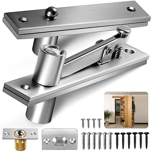 Charnières cachées pour portes en bois maximum de 90,7 kg, charnières pivotantes pour bibliothèque, porte secrète avec matériel de verrouillage à billes (1, argenté)
