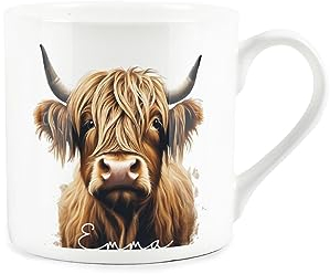 Highland Cow Mug - Custom Name Personalised Gift - White Bone China Coffee/Tea Present