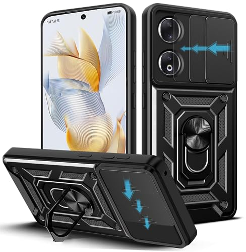 Loyhee Coque pour Honor 90 5G (6.7), Protection de la Caméra Étui avec Lentille Coulissante Couverture et Support à Bague PC Dur et TPU Silicone Antichoc Anti-Rayures – Noir