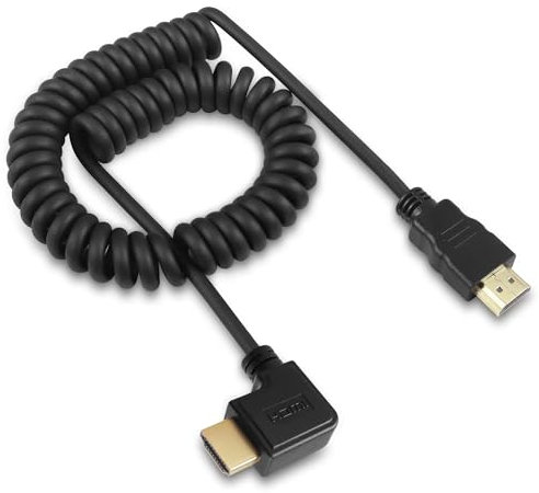 HATMINI Right Angle HDMI Spring Cable，90 Degree HDMI Male to Male Coiled Cable,Coiled 19 inch Extended to 75 inch, Support 3D 1080P for Camera, Monitor (Right)