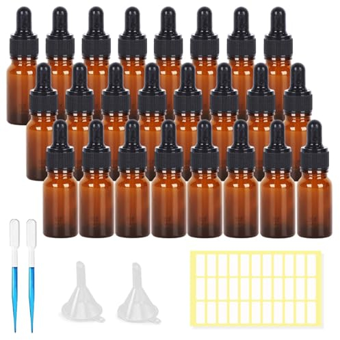 SuQurtom 24Pcs Amber Glass Dropper Bottles, 10ml Glass Dropper Bottles with Dropper Pipettes, Empty Glass Bottles Refillable Sample Container for Essential Oil, Perfumes, Chemical Liquid