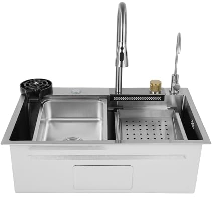Zalydala Fregadero de Cocina de Un Solo Cuenco en Cascada, Acero Inoxidable, Integrado Con Grifo Extraíble (29,5 x 17,7 x 8,3 Pulgadas)