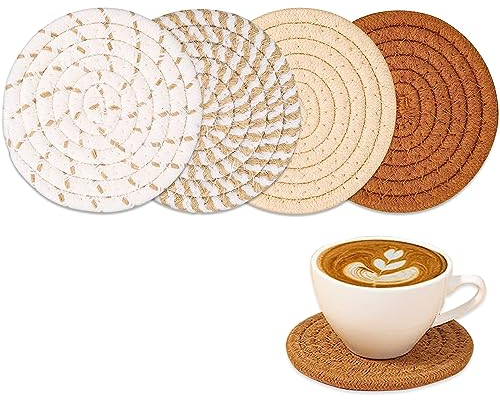 Lot de 4 Dessous de Verre Ronds en Corde de Coton Tressé à La Main sous Verre pour Boissons, Bar, Tasses, Dessous de Verre