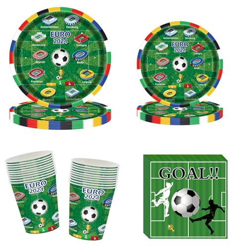 Oirigaga Fussball Partygeschirr Set, 80pcs Pappgeschirr mit Pappteller Pappbecher Servietten Grün Papier Teller und Becher, Fußball Party Deko Geschirr Tischdeko Geburtstagsdeko Zubehör für 20 Gäste