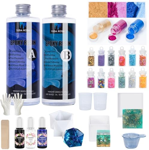 VidaRosa Epoxy Resin Crystal Clear Kit for Beginners,600ml/ 21.16oz Starter Kits with Molds,Pigment,Resin Accessories, Coating and Casting Coaster Molds for Art, Crafts, Jewelry