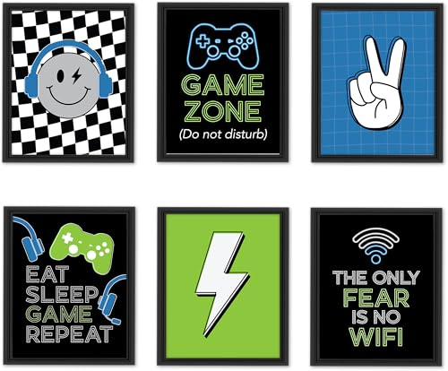 Hadley Designs 6 Retro Gaming Wall Decor - Gamer Room Decor for Boys, Gaming Pictures Wall Decors for Kids, Unframed Video Game Art for Boys Bedroom, Made in USA