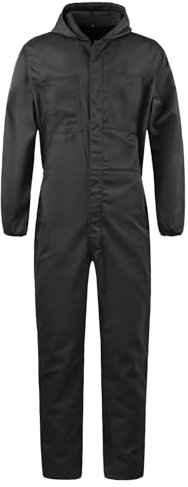 Yukirtiq Men's Lightweight Hooded Overall Hard Wearing Solid Color Mechanics Boiler Suit Workwear Hooded Boilersuit Coverall, Black, S