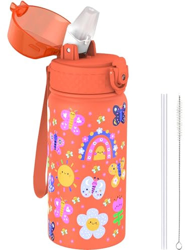 Goppus 420ml/14oz Kinder isolierte Wasserflasche mit Strohhalm Doppelwandige Edelstahl Kinderflasche Vakuum isoliert Stahl Metall auslaufsicher Trinkflasche Kleinkind Thermosflasche BPA-frei