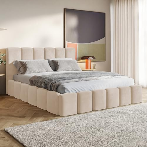 MOTIVENA Nunu Bubble Bett 160x200 Beige Samt, mit Stauraum, mit Kopfteil, mit Lattenrost, ohne Füße, mit Matratze H3/H4, Bubble Polsterbett 160x200 mit Bettkasten Beige (Creme)