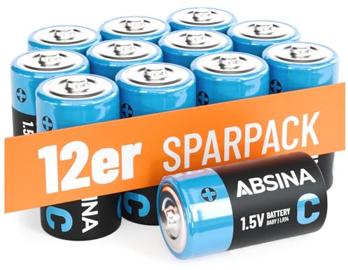 ABSINA 12x Pilas C LR14 1.5V alcalinas - Pilas LR14 de Larga duración para Linterna, Juguetes y más - Pila C, Pila LR14, Pilas Tipo C, Pilas gordas Grandes, Pilas Grandes Redondas