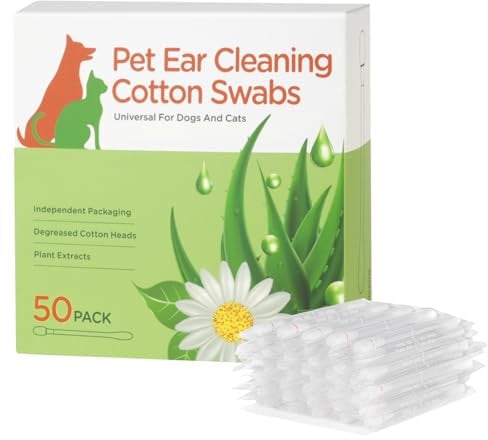 Aomig Dogs Ear Cleaning Swabs, 50Pcs Pet Dog Ear Cleaner Cotton Buds, Long Bamboo Animal Ear Cleaning Cotton Swab Sticks, Cotton Ear Buds Swabs for Dog and Cat Ear Wax Infection Removal