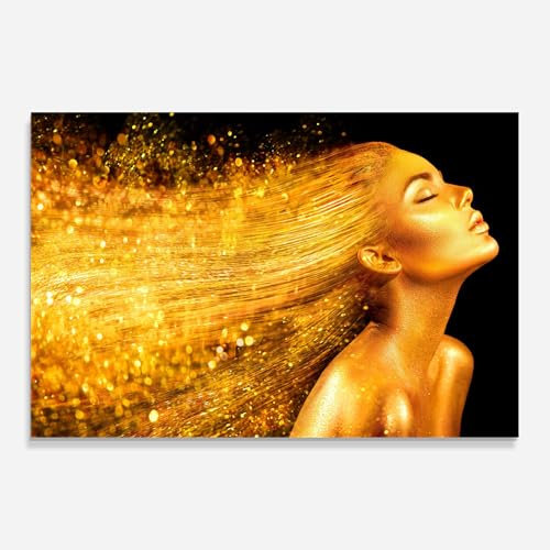 ARTHUB® Glasbild 80x120 cm, 5mm ESG | Moderne Wandbilder aus Glas für Wohnzimmer & Schlafzimmer, Wanddekoration, Wohnkultur, Frauen, Golden Girl