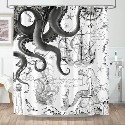 Hopomoon Retro-Badezimmervorhang mit Kraken-Motiv Segelboot-Print auf Seekarte Schwarz-Weiß-Grau Badezimmerdekoration Vorhang 180 x 180 cm mit 12 Haken