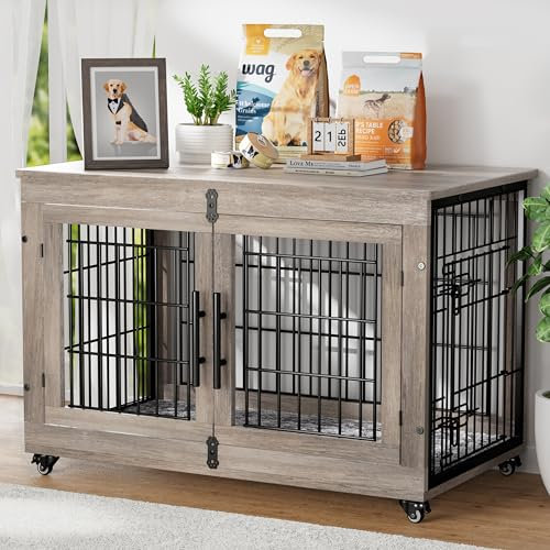 GIKPAL Hundebox für Zuhause mit Kissen, Hundehütte Hundehaus für Drinnen mit Doppeltüren und Rädern, Moderne Hundehaus für Mittlere, Große Hunde bis zu 70 lb, 98x64x68cm, Grau