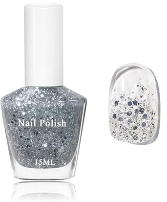 15ML Glitzer Nagellack Klar, Glossy Schnell trocknend & Langanhaltend ungiftiger Nagellack, Schnelltrocknender Transparent Glitzer Nail Polish, Ohne UV Lampe für Nail Art Maniküre(Glitzer Klar)