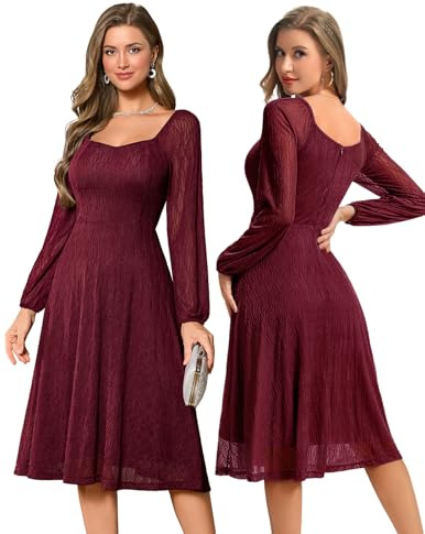 Bbonlinedress festliches Cocktailkleid Damen Langarm Abendkleider elegant für Hochzeit midilang Brautkleid Winter Party Rockabilly Vintage Kleider Burgundy L