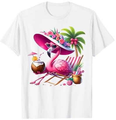 Flamant Rose Palmier Tropical Plage Vacances d'été Femme T-Shirt