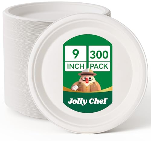 JOLLY CHEF 300 Pack 9 Inch Strong Disposable Bagasse Plates White | Compostable Biodegradable Bagasse Plates, Heavy-Duty Sugarcane Plates for Party & Dinner