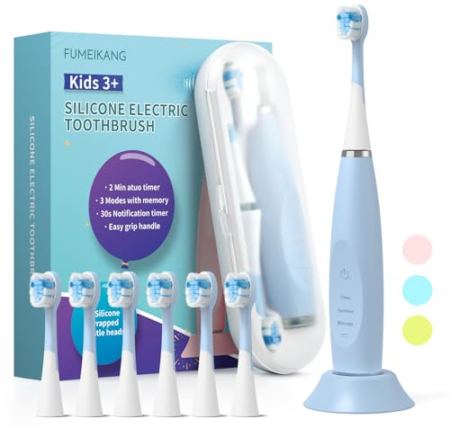 FUMEIKANG Brosse à dents électrique pour enfants de 3 à 12 ans - Minuteur électrique intelligent - 6 têtes de brosse à dents souples - Étanche - Pour filles et garçons (Blue)