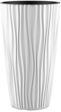 Engelland Pflanzkübel mit Einsatz, Blumentopf mit Wasserspeicher & 3D Struktur, hoch & rund, modern & frostfest, robust & langlebig, für Innen & Außen, Kunststoff, Ø 34 x H 60 cm, Weiß
