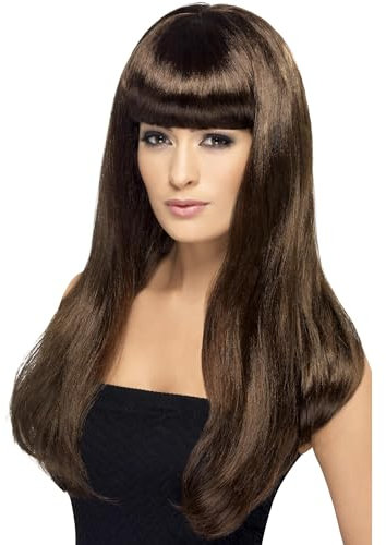 SMIFFYS Parrucca attraente e sexy, castana, lunga, liscia con frangetta Halloween