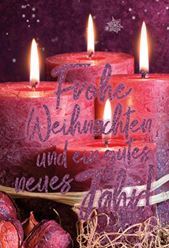 KE - Glitzernde Weihnachtskarten im DIN A6 Format mit Umschlag Set - Perfekt für festliche Grüße | Motiv: rote Kerzen