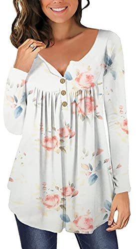 Tunique Femme Chic et Elegant Grande Taille Manche Longue Haut Décontractés Amples Coton Floraux Vetements Chemise T-Shirt