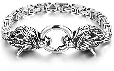 Zysta Herren Armband Wikinger Armband Dopplt Wolfskopf Edelstahl Byzantine Chain Armkette Wikinger Gotik Biker Armreif für Männer Papa