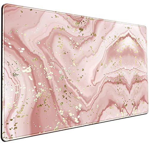 Rose Gold Pink Cute Gaming Mouse Pad Accessories Decor, Kawaii Desk Pad for Women, Stitched Edges Non-Slip Computer Mat, Full Desk Mousepad 31.5x15.7 in