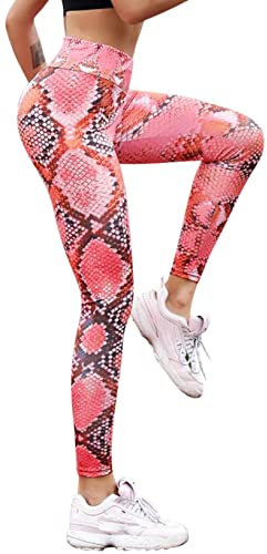 In One Clothing - Damen Leggings für Sport, Fitness, Outdoor und Loungewear, super elastisch und mit hohem Bund für knitterfreien, komfortablen Sitz - mit Schlangemuster in pink Grösse XL